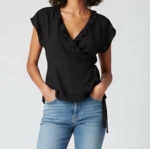 ZARA Trafaluc Collection Ruffled Black Wrap Waist Blouse, Cap Sleeves, XS